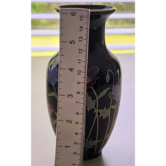 VASE-Japan-Small-Black Ceramic-Flowers-Gold Trimmed-6" Tall-Bud Vase - Picture 12 of 14